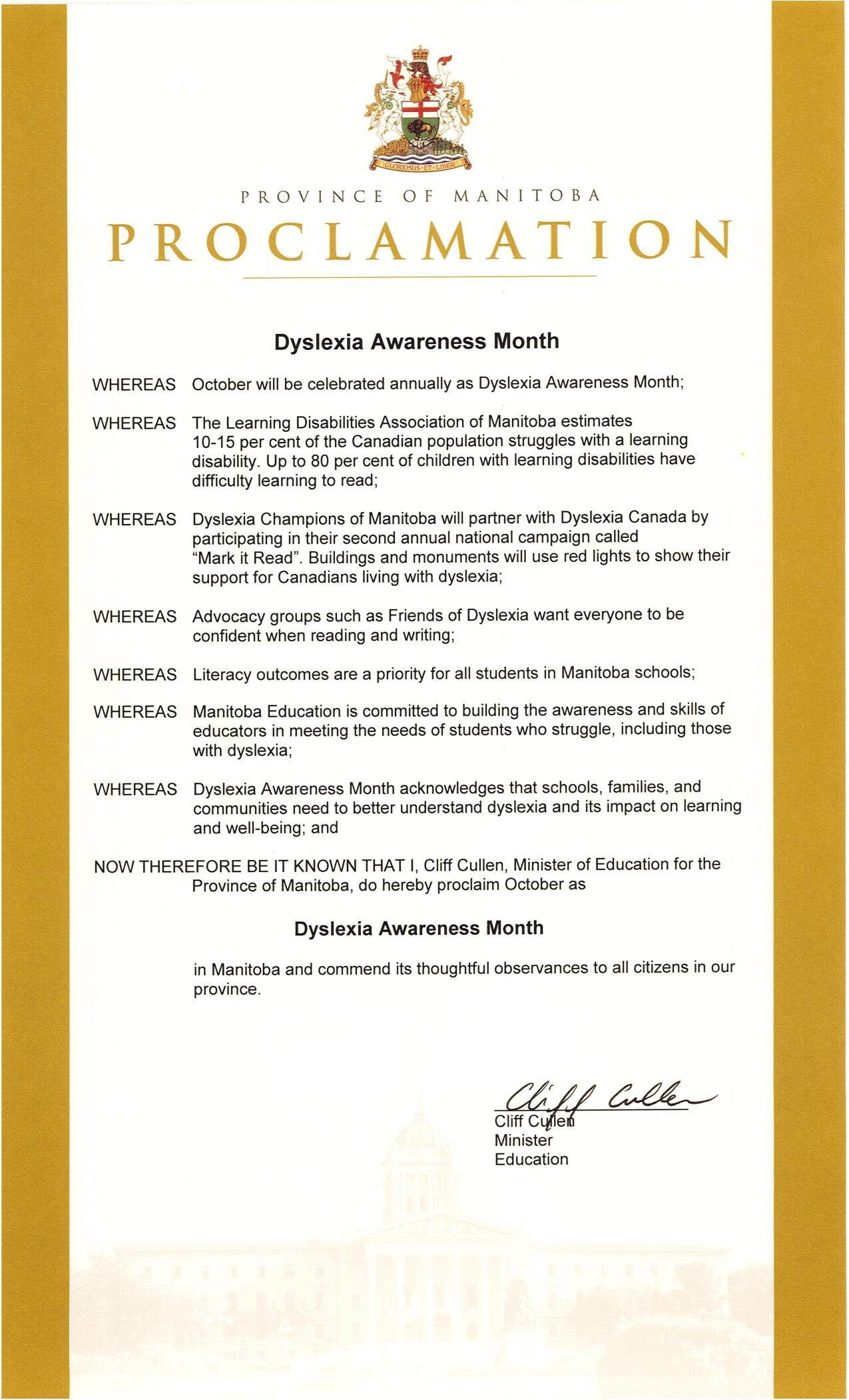 October 2021 Proclamation of Dyslexia Awareness Month. English