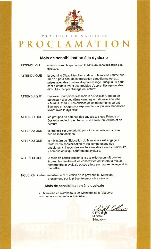Proclamation Dyslexia Awareness Month. Oct. 2021. French